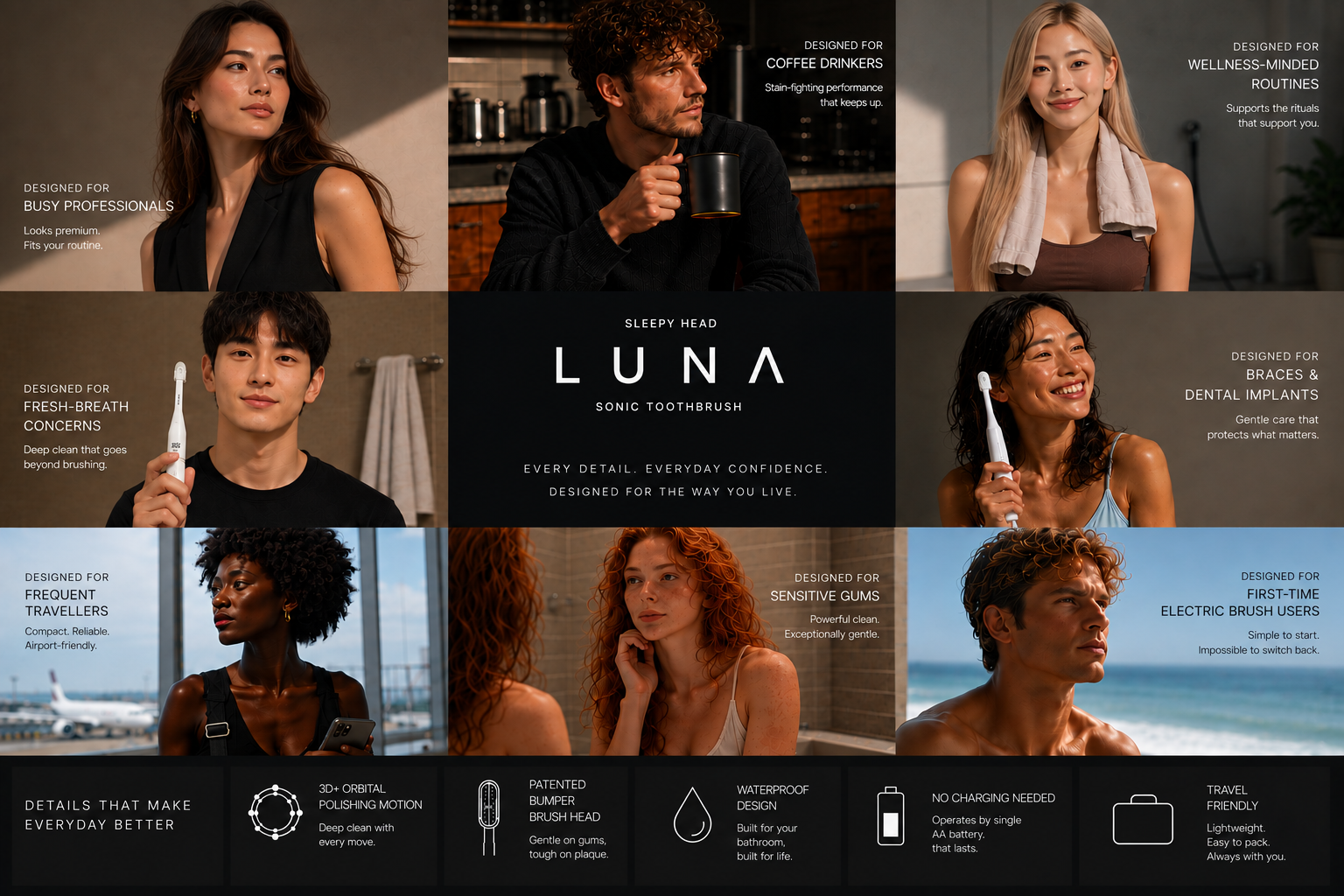 Collage showing the diverse people LUNA is designed for: busy professionals, coffee drinkers, wellness-minded routines, fresh-breath concerns, braces and implants, sensitive gums, frequent travelers, and first-time electric brush users