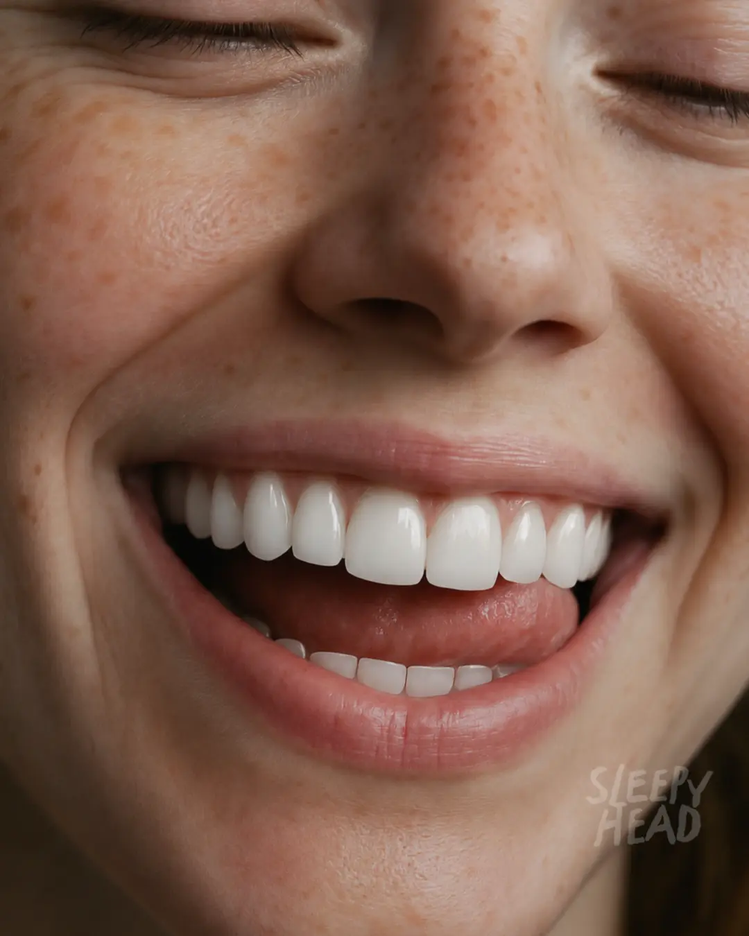 Close-up of a freckled woman laughing, showing a bright healthy smile